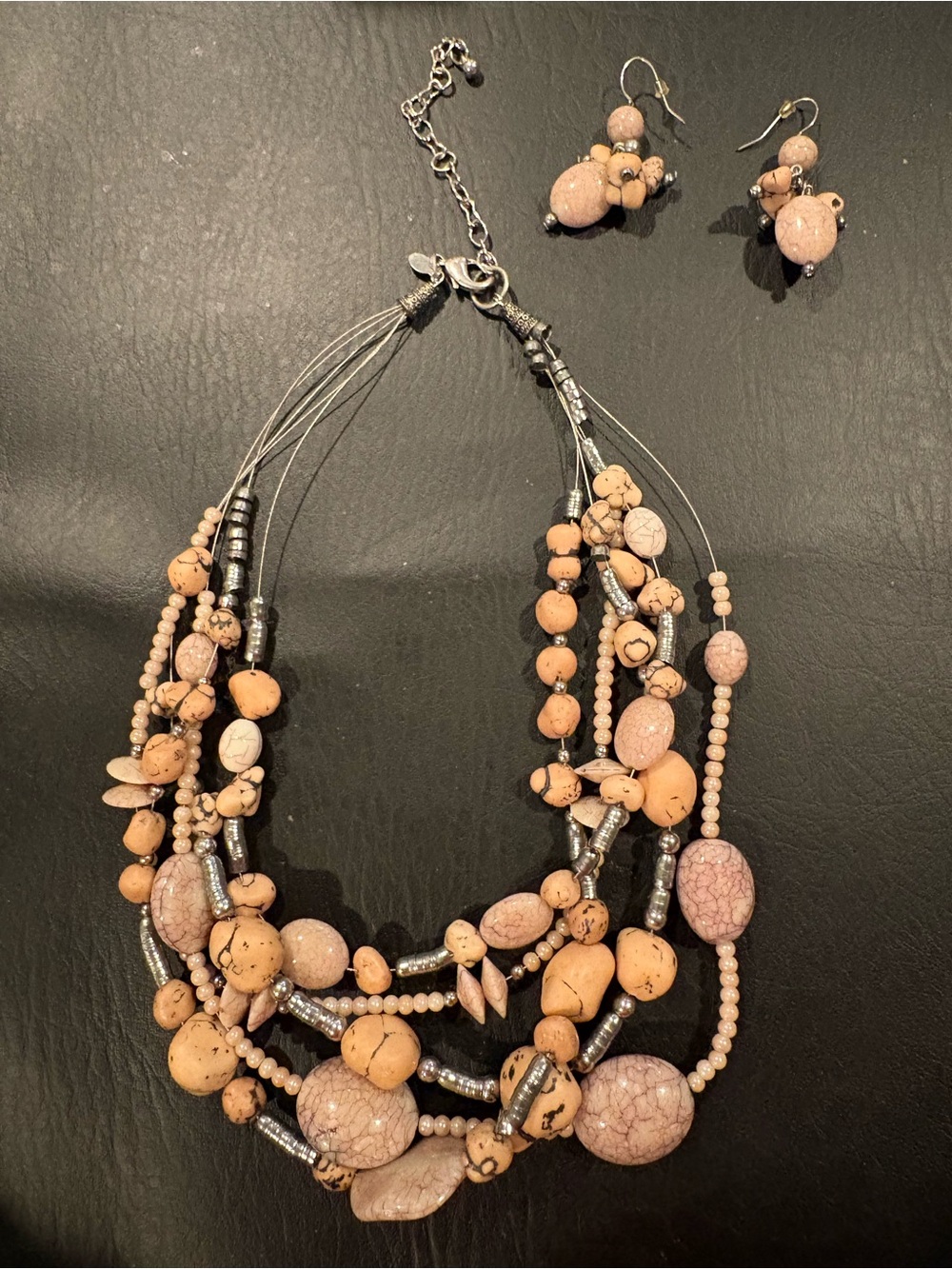 Multi-Strand Peach Stone Necklace and Earrings Set